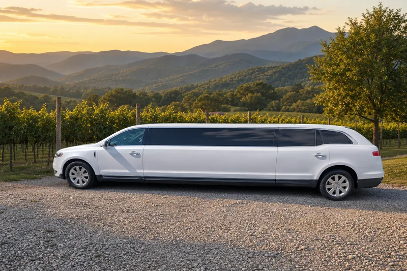 Lincoln MKT 120-inch white stretch limousine parked beside vineyard rows in the Blue Ridge, seats up to 8 guests